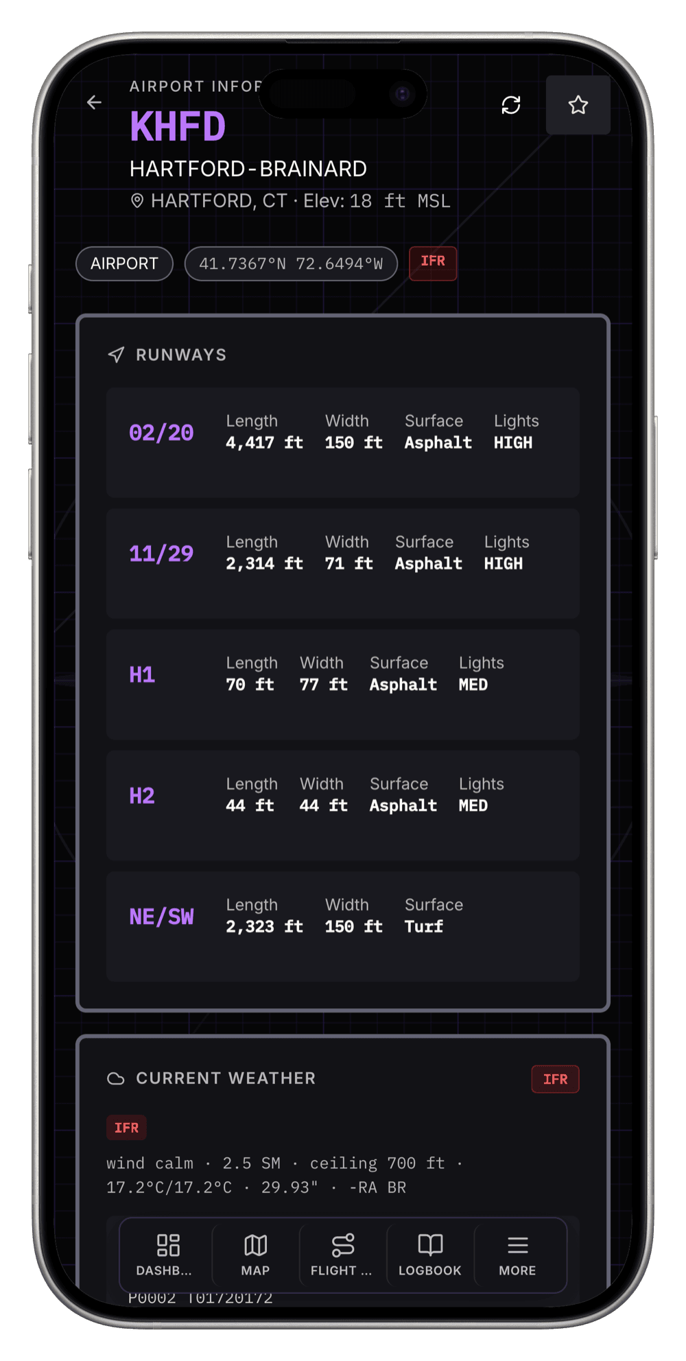 Airport information in the Aeronautical Apex app for KHFD with runways and current weather