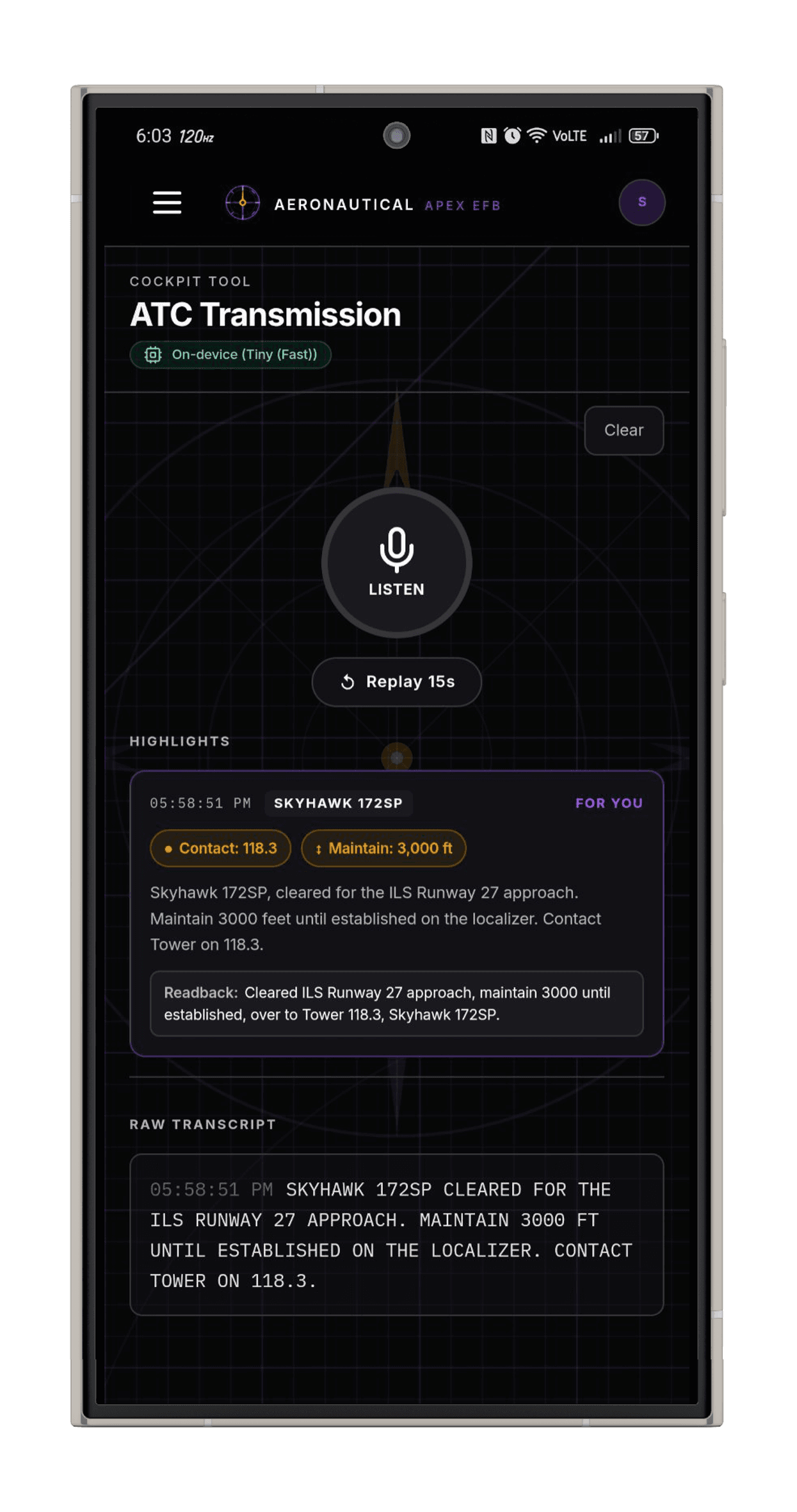 Live ATC transcript view in the Aeronautical Apex app