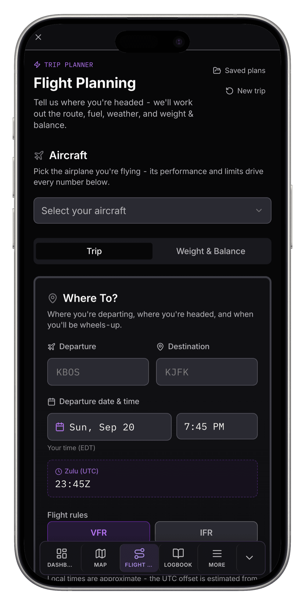 The trip planner in the Aeronautical Apex app: aircraft, route, departure time and flight rules