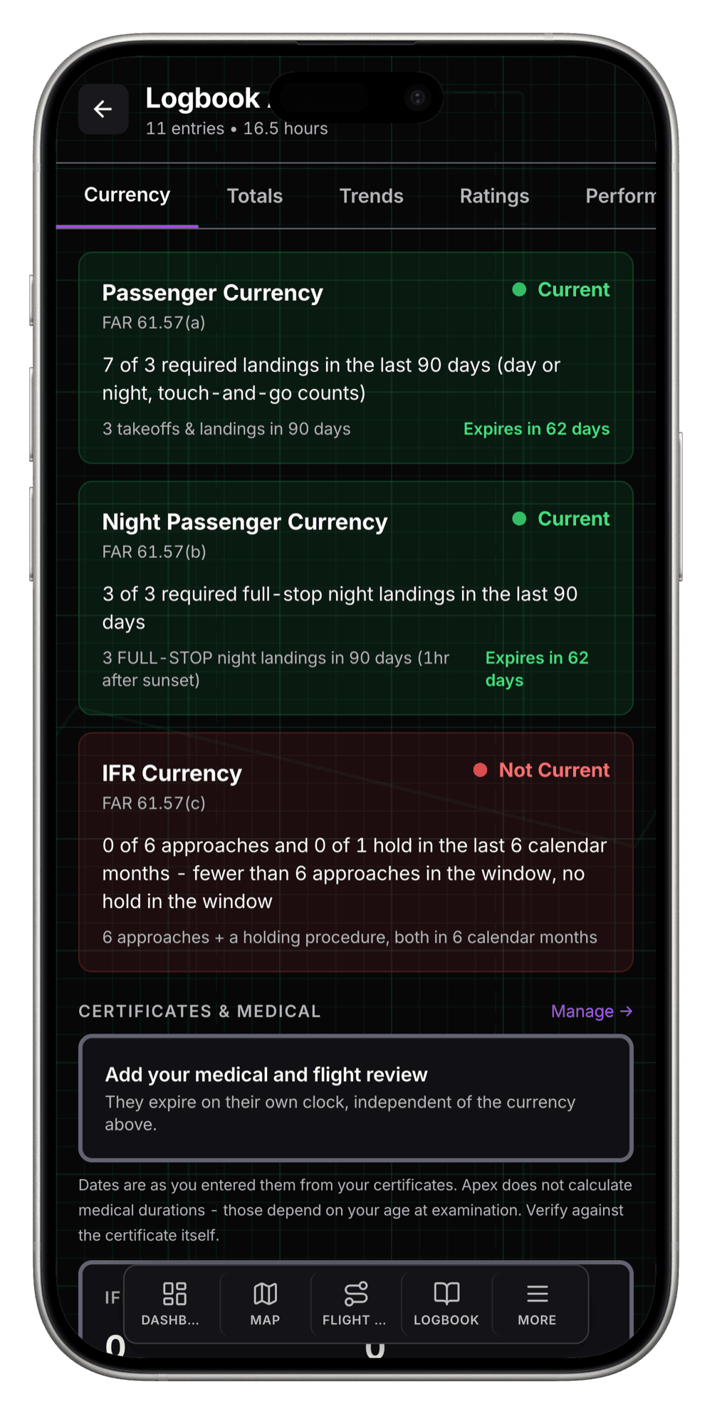 Logbook analytics in the Aeronautical Apex app showing passenger, night and IFR currency