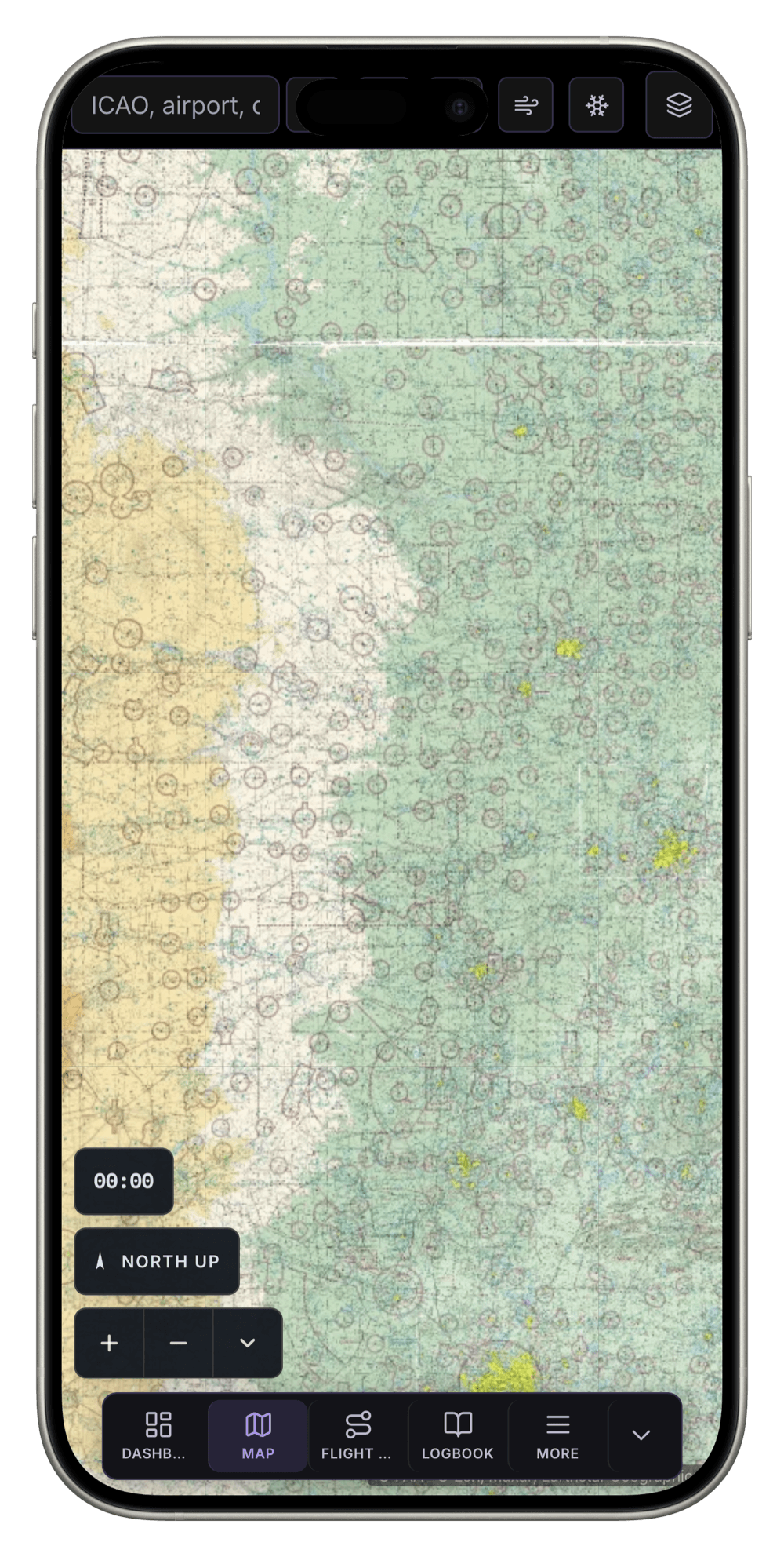 The moving map in the Aeronautical Apex app showing a VFR sectional with the map controls