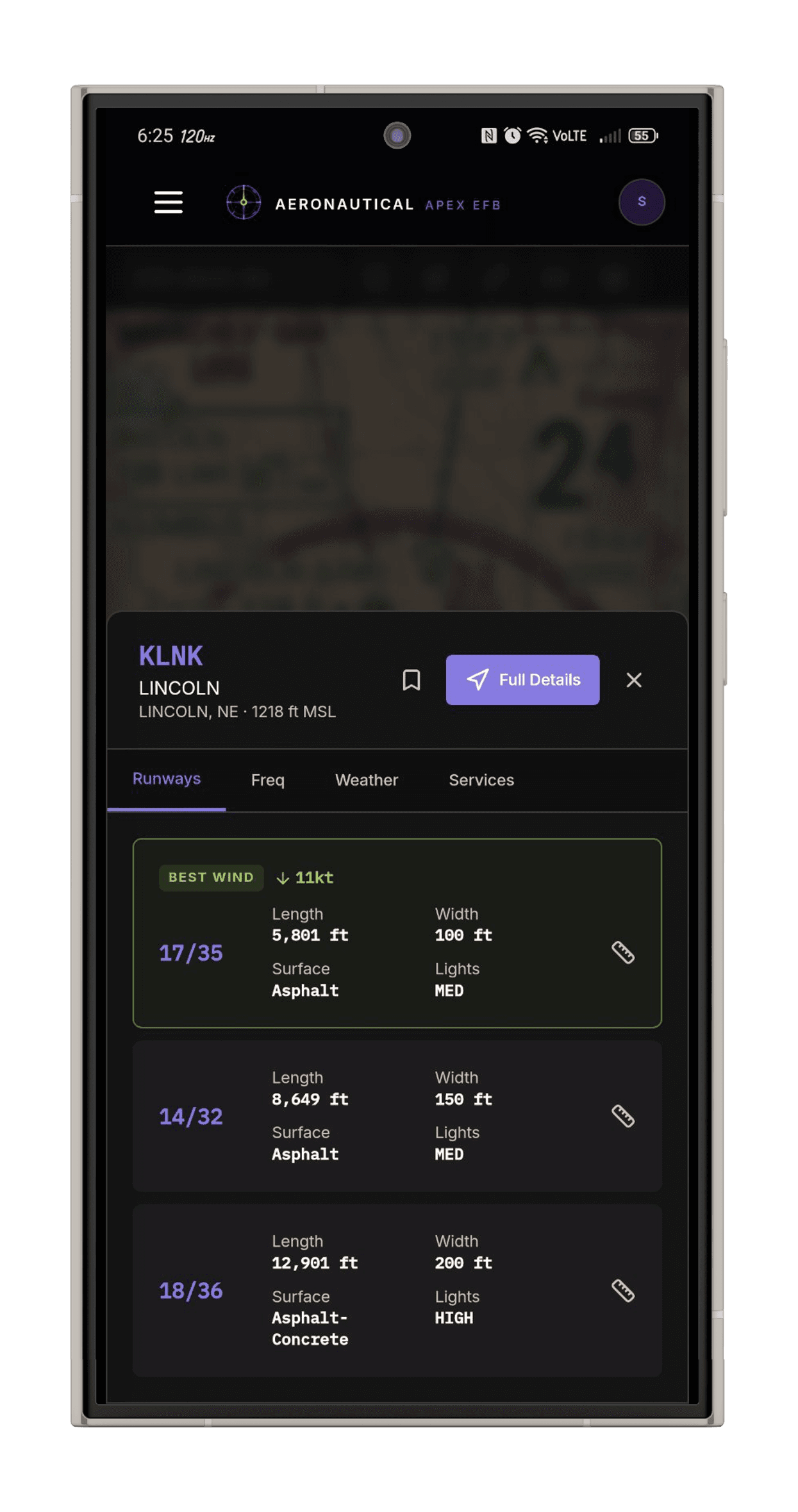 Real-time flight planning view in the Aeronautical Apex app